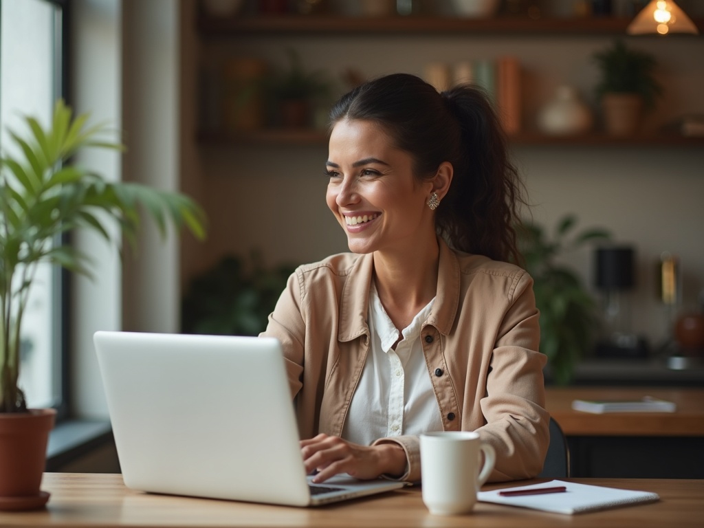 Dona de um negócio sorri enquanto vê no notebook as mensagens que chegam pelo site dela
